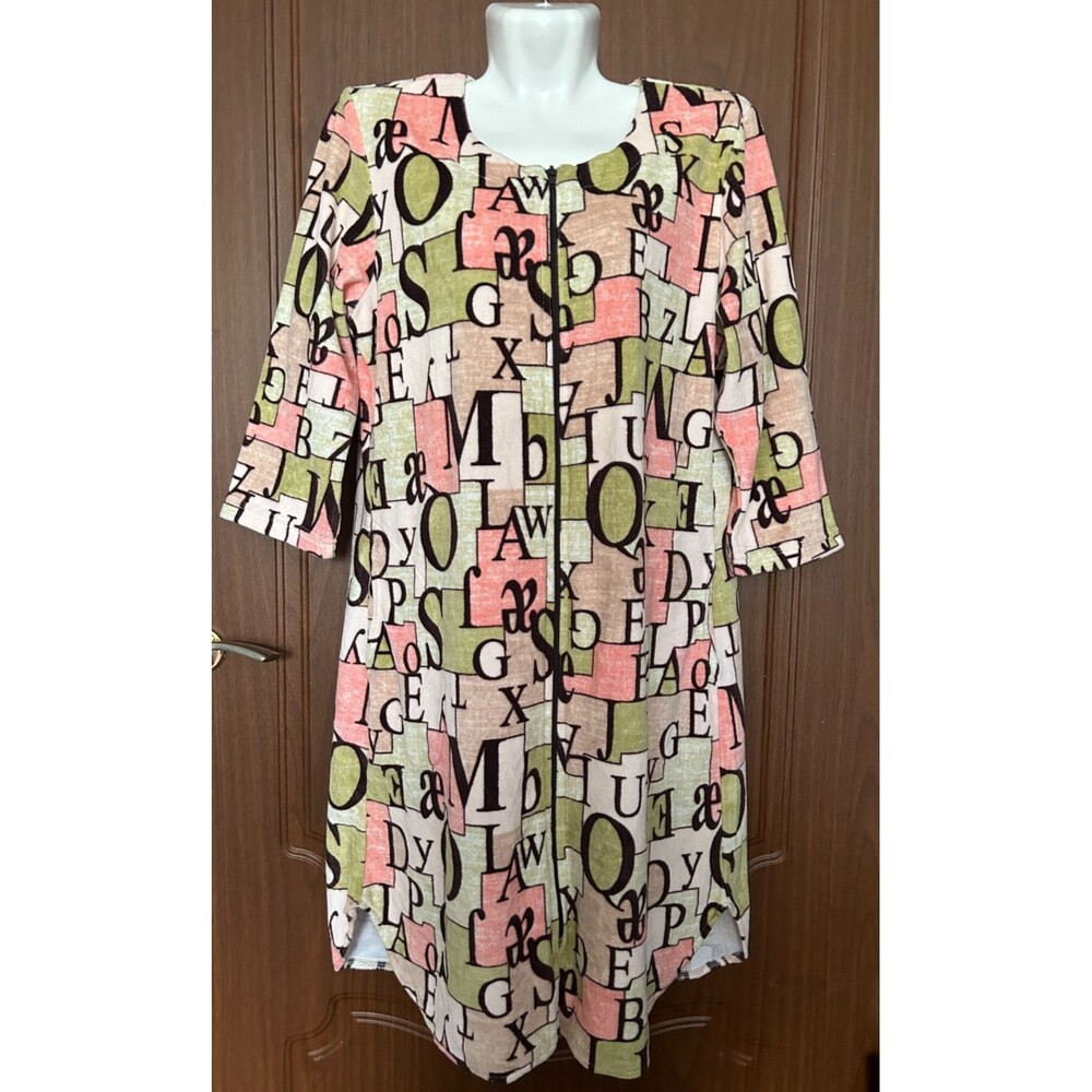 Womens S Multicolor Print Cotton Velour Zip Front Robe 3/4 Sleeve House Dress